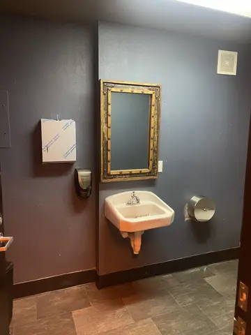 Commercial restroom with dark gray walls, wall-mounted coral sink, gold-framed mirror, paper towel dispenser, and stainless