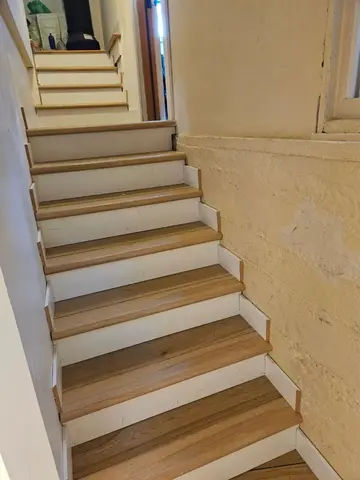 Interior staircase featuring alternating natural wood and white painted steps, with white walls and wood handrails ascending