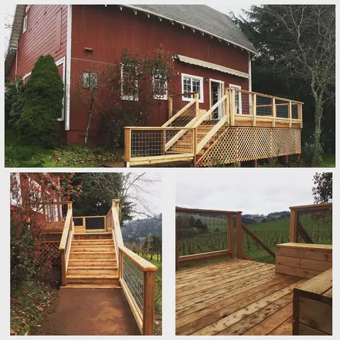 Wooden deck and stair system with metal railings on red barn building, showing multiple angles of construction.