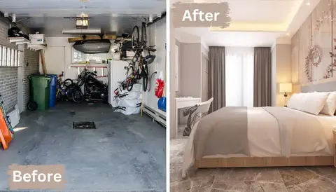 Bedroom with upholstered headboard, white bedding, gray curtains, and warm lighting, converted from garage space.